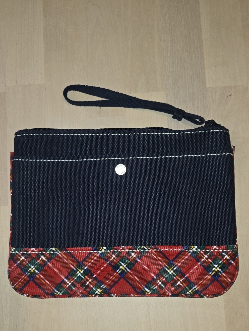 Land's End Canvas Zippered Black Wristlet Clutch with Red Tartan Trim